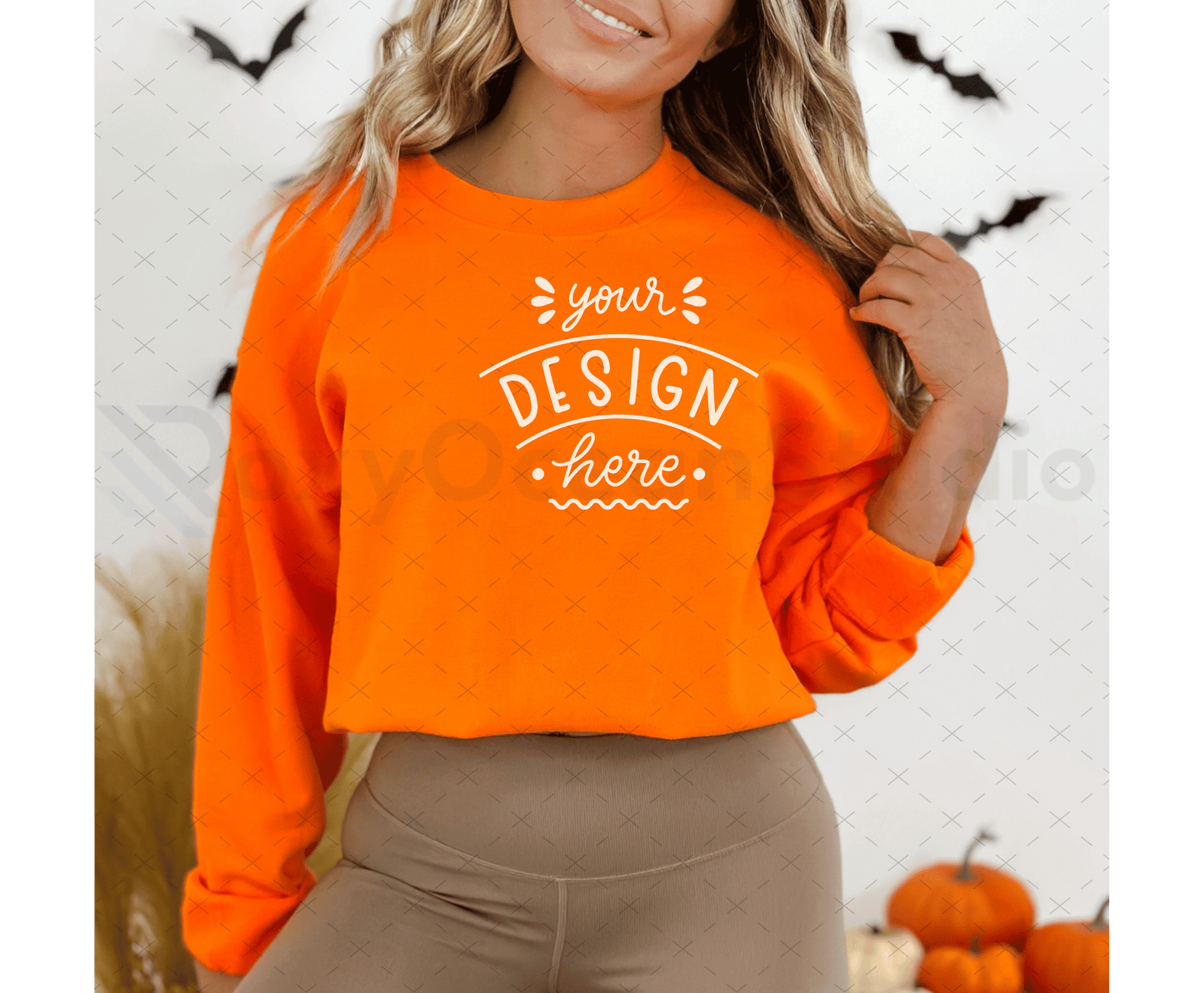 Gildan 18000 Mockup – Orange Sweatshirt on Model | Fall & Halloween Theme | Style 6