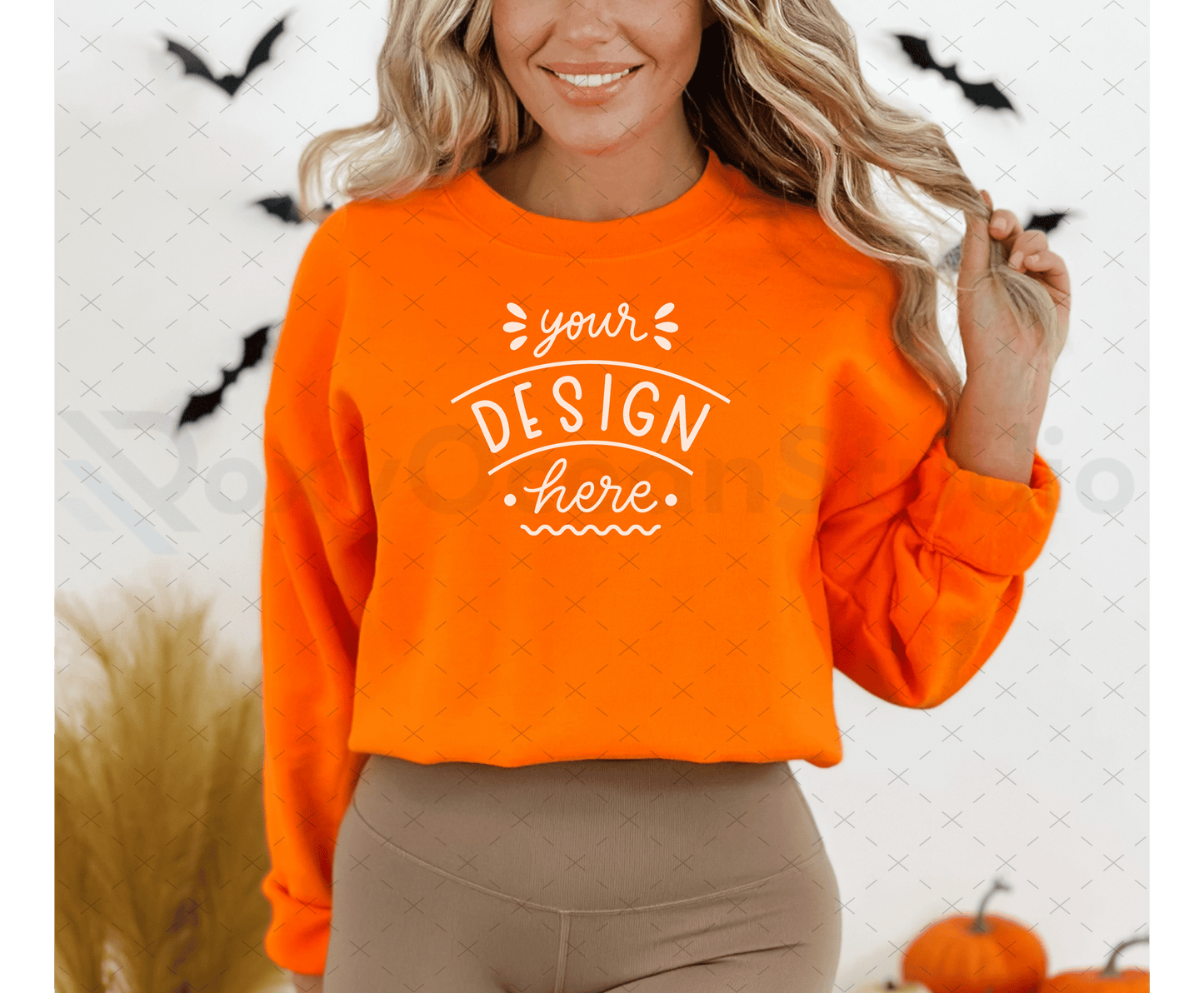 Gildan 18000 Mockup – Orange Sweatshirt on Model | Fall & Halloween Theme | Style 4