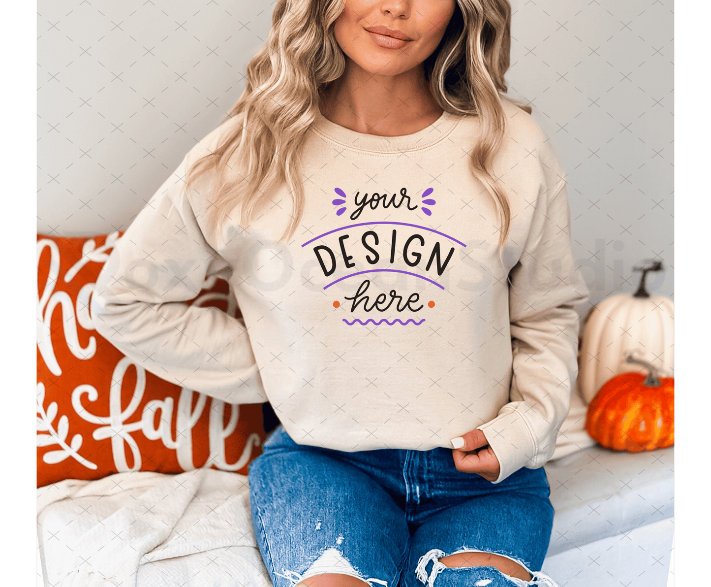 Gildan 18000 Mockup – Sand Sweatshirt on Model | Fall & Halloween Theme | Style 2