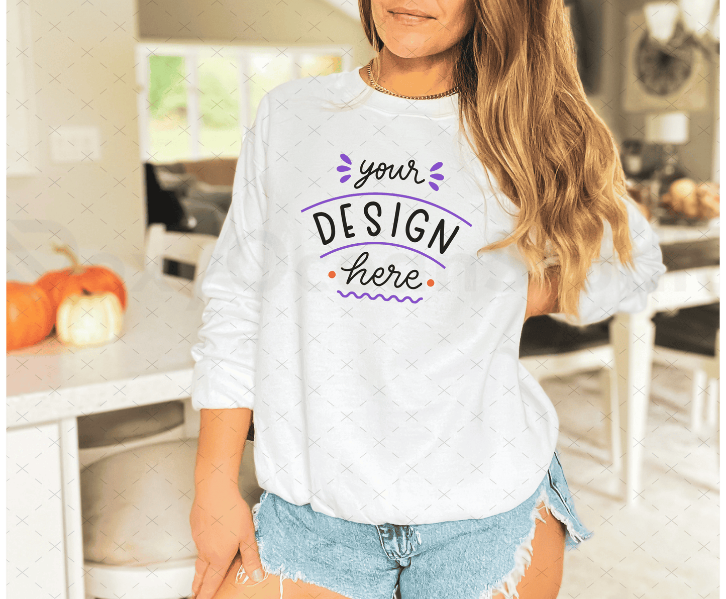Gildan 18000 Mockup – White Sweatshirt on Model | Fall & Halloween Theme | Style 9