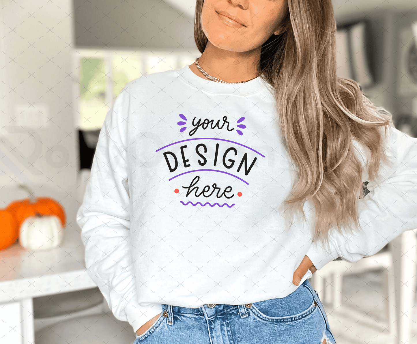 Gildan 18000 Mockup – White Sweatshirt on Model | Fall & Halloween Theme | Style 3