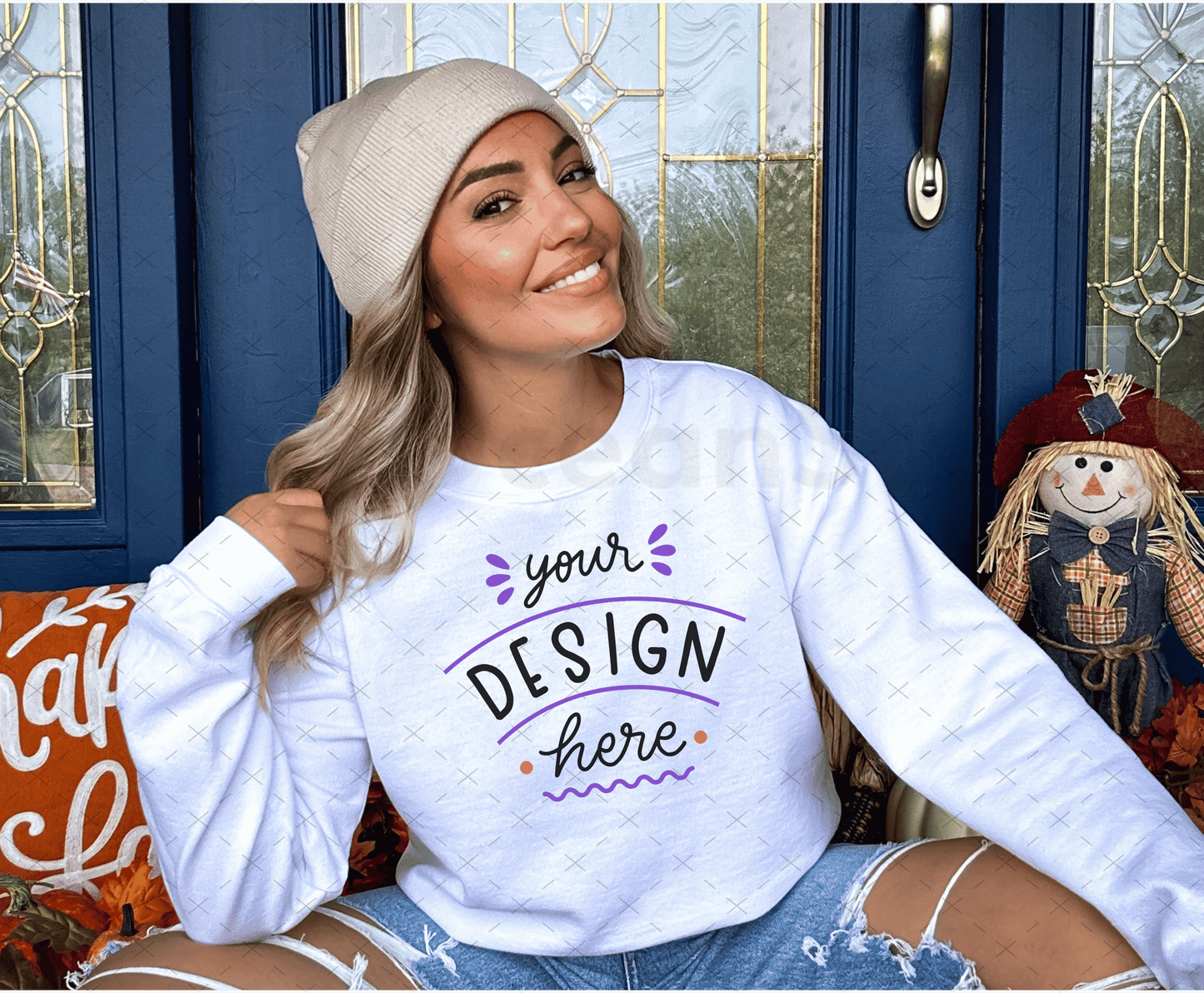 Gildan 18000 Mockup – White Sweatshirt on Model | Fall & Halloween Theme | Style 1