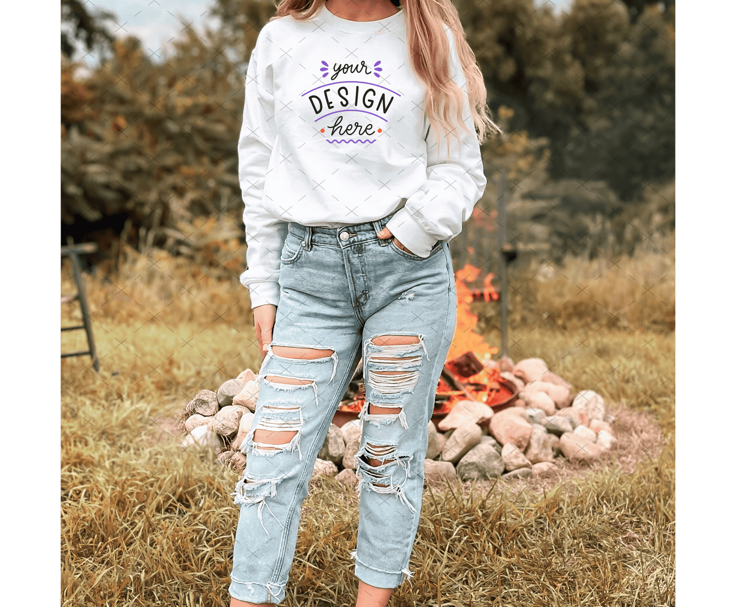Gildan 18000 Mockup – White Sweatshirt on Model | Fall & Halloween Theme | Style 4