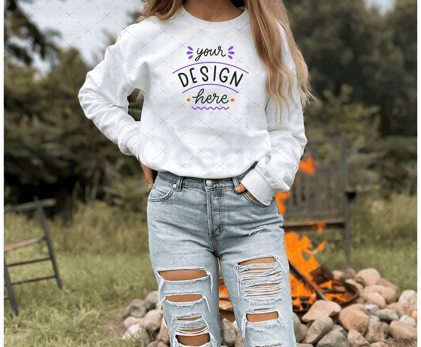 Gildan 18000 Mockup – White Sweatshirt on Model | Fall & Halloween Theme | Style 2