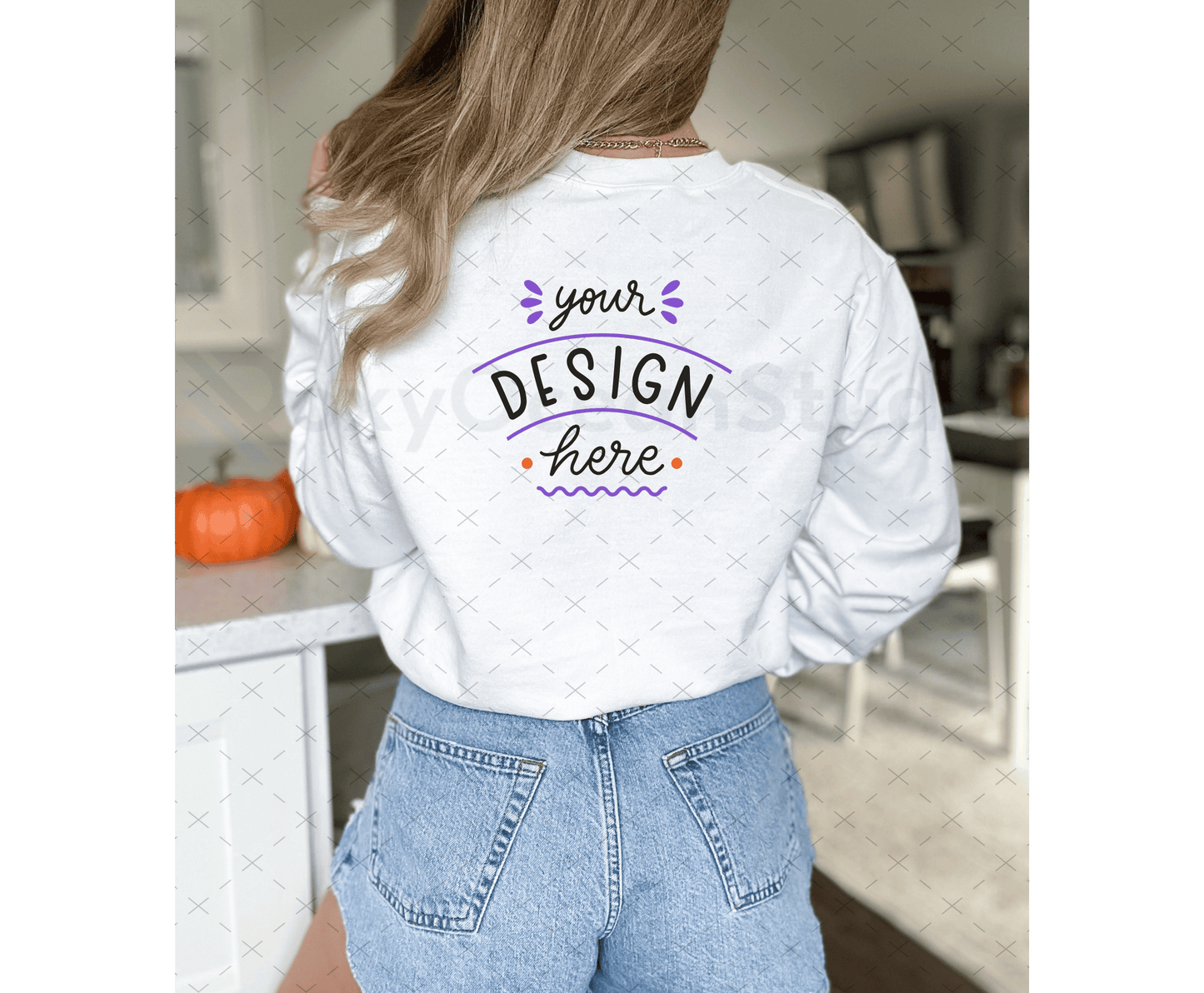 Gildan 18000 Mockup – White Sweatshirt on Model | Fall & Halloween Theme | Style 18