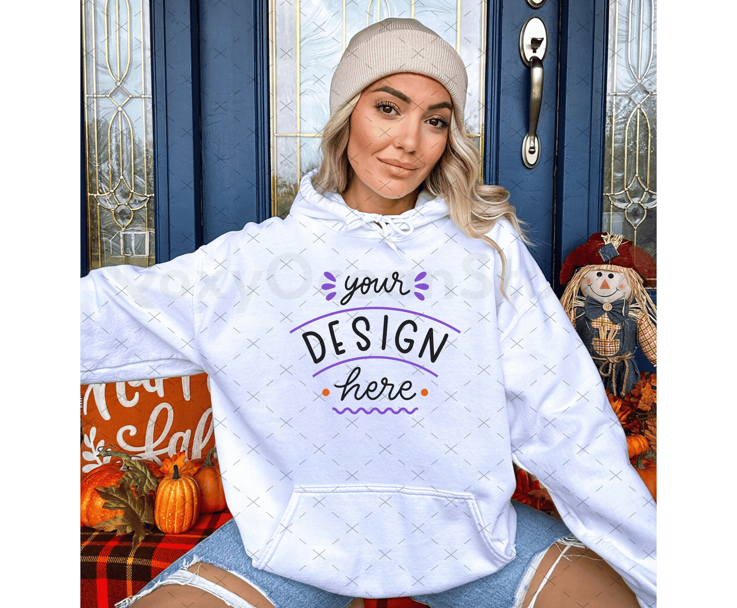 Gildan 18500 Mockup – White Sweatshirt on Model | Fall & Halloween Theme | Style 2