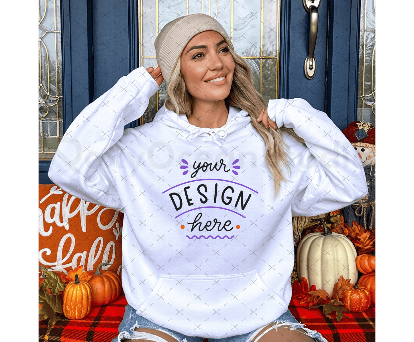 Gildan 18500 Mockup – White Sweatshirt on Model | Fall & Halloween Theme | Style 3