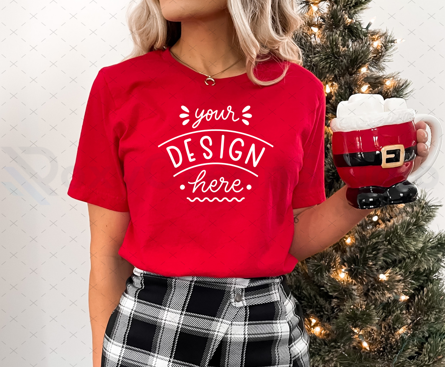 Bella Canvas 3001 Mockup – Red T-Shirt on Model | Christmas & Holidays Theme | Style 5