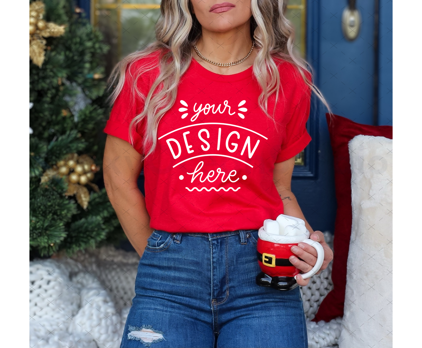 Bella Canvas 3001 Mockup – Red T-Shirt on Model | Christmas & Holidays Theme | Style 7