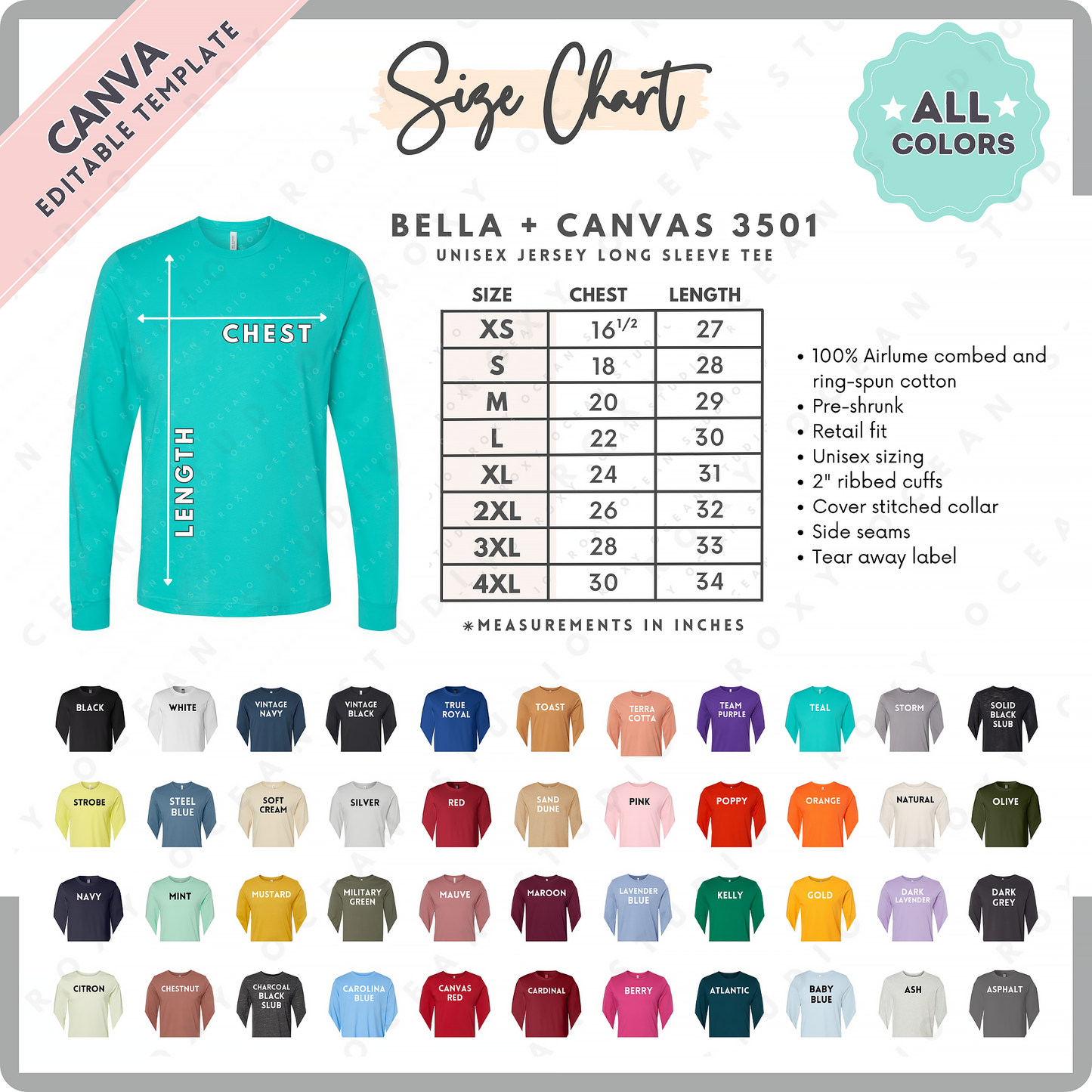 Bella + Canvas 3501 Unisex Size Chart + Color Chart (Editable)