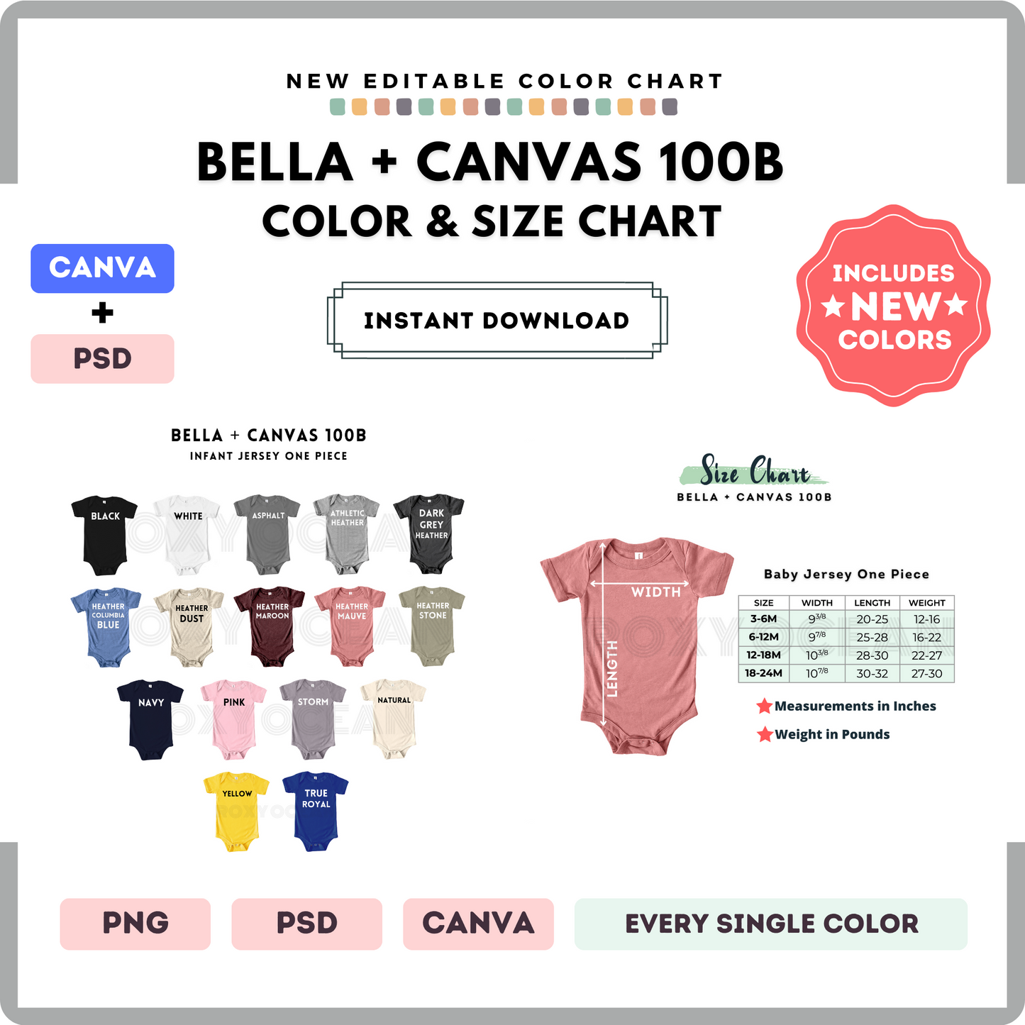 Bella Canvas 100B Color and Size Chart
