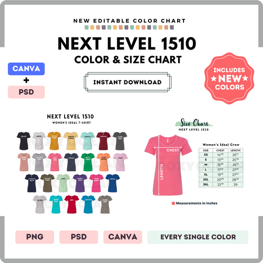 Next Level 1510 Color and Size Chart