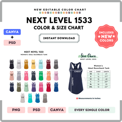 Next Level 1533 Color and Size Chart