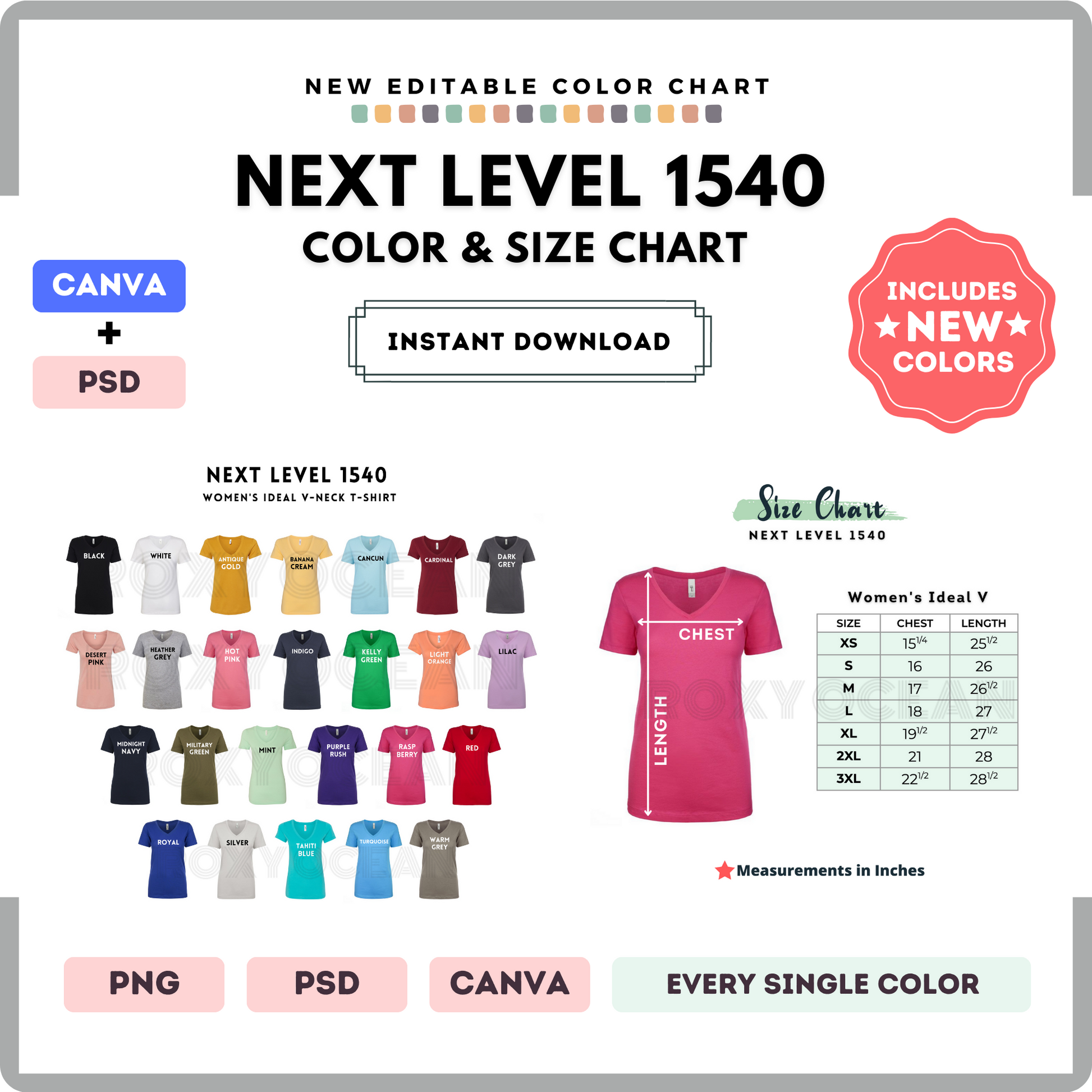 Next Level 1540 Color and Size Chart