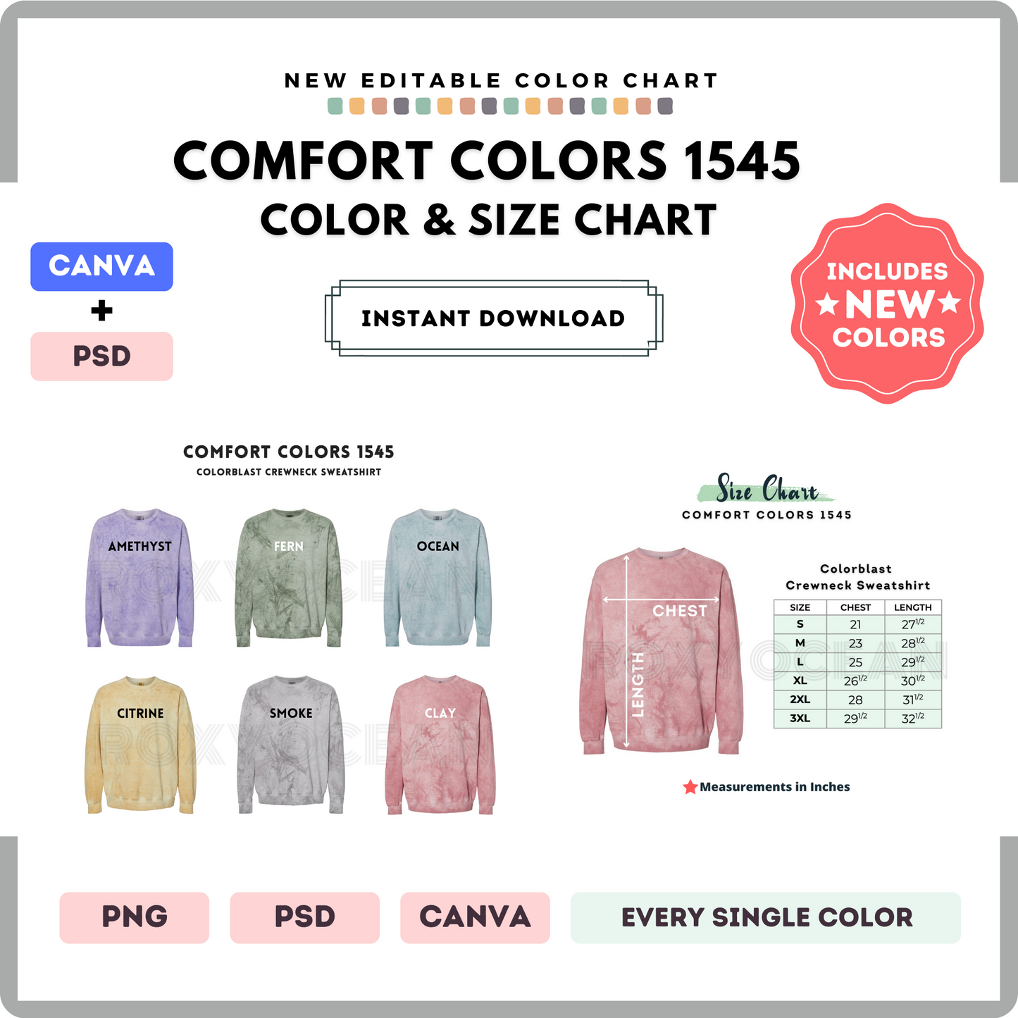 Comfort Colors 1545 Color and Size Chart