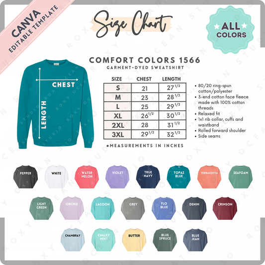 Comfort Colors 1566 Unisex Size Chart + Color Chart (Editable)