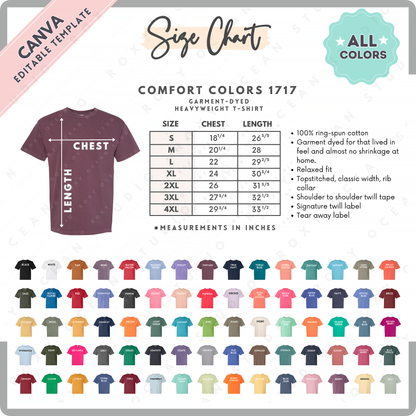 Comfort Colors 1717 Unisex Size Chart + Color Chart (Editable)