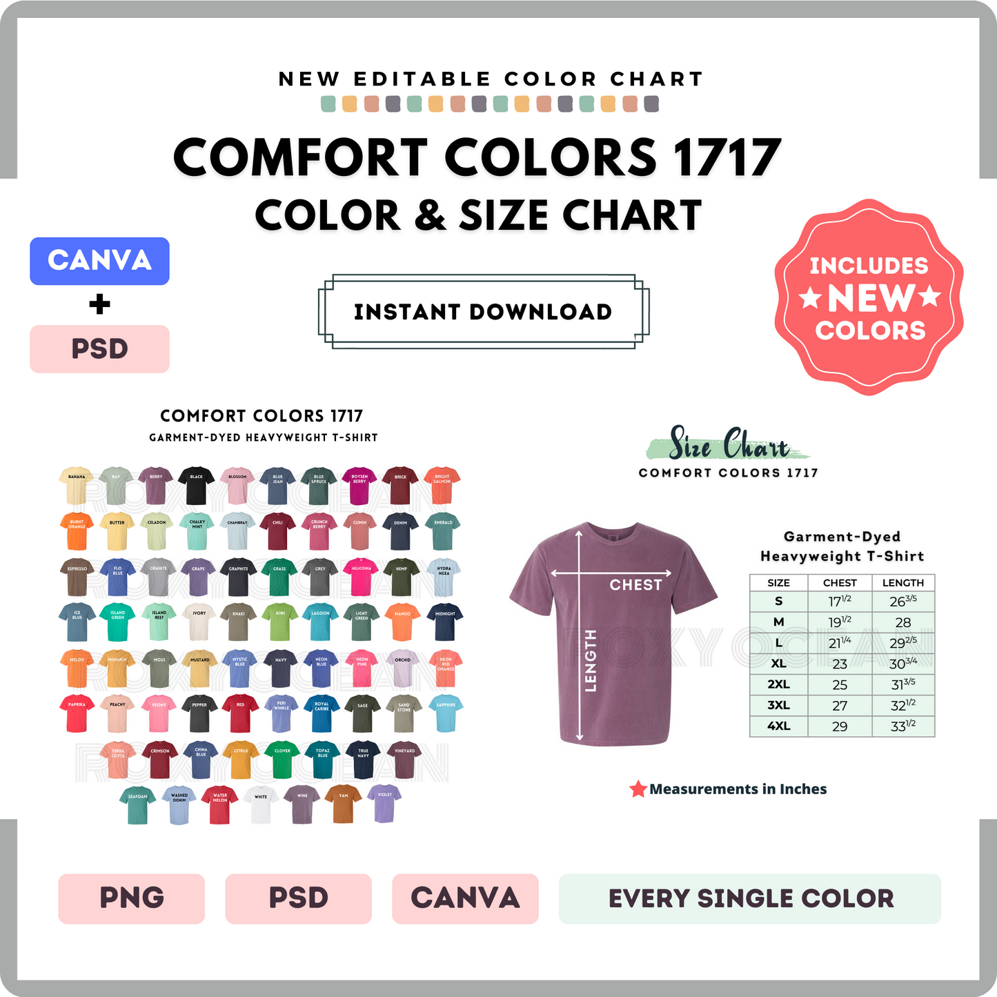 Comfort Colors 1717 Color and Size Chart