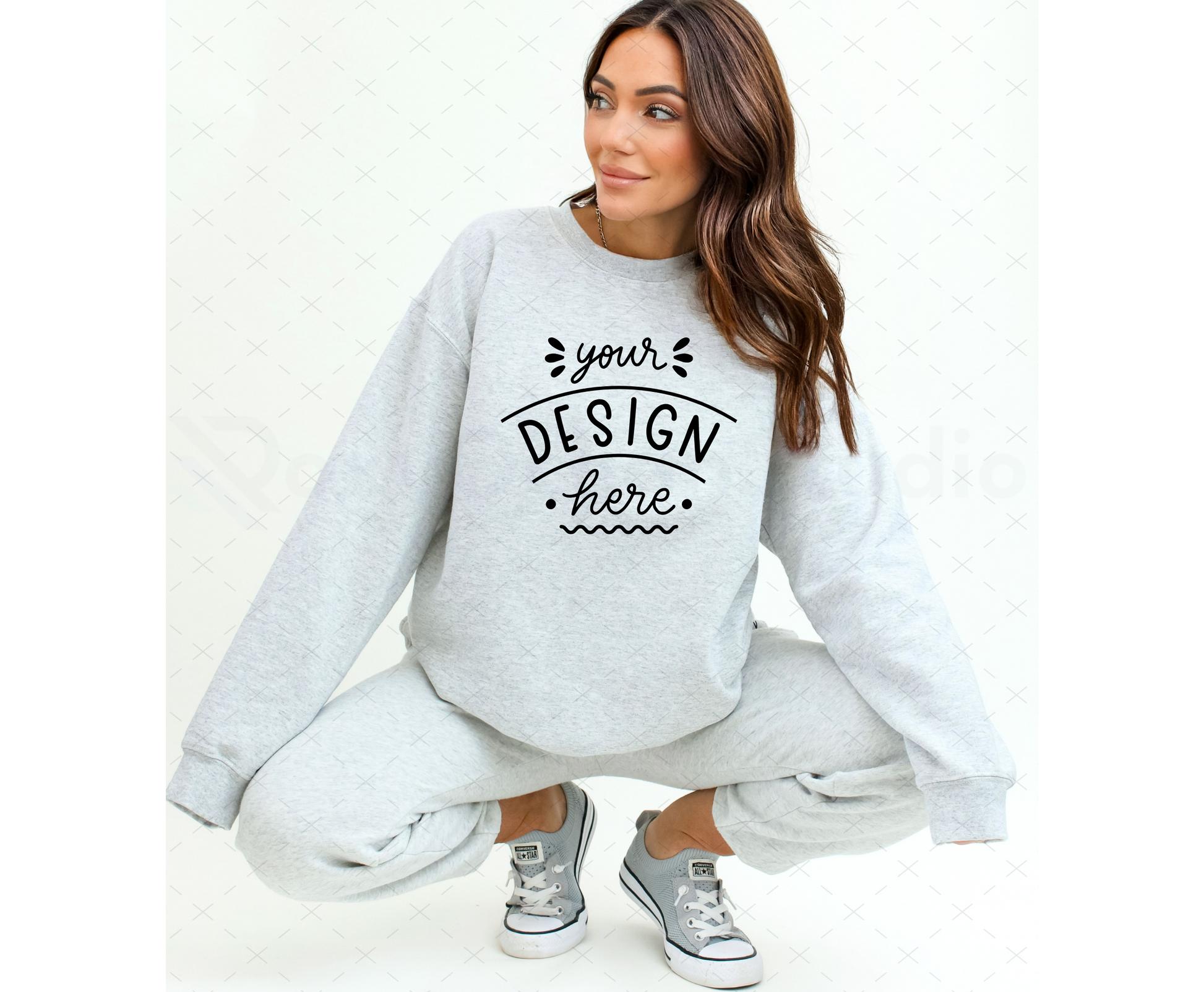 Gildan 18000 Mockup – Ash Crewneck Sweatshirt Mockup on Model | Style 15