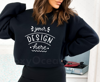 Gildan 18000 Mockup – Black Crewneck Sweatshirt Mockup on Model | Style 11