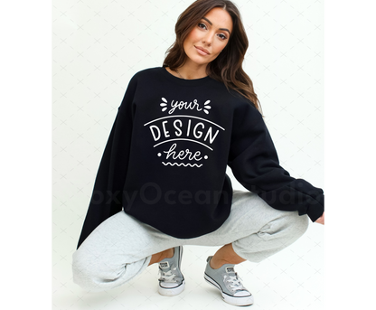 Gildan 18000 Mockup – Black Crewneck Sweatshirt Mockup on Model | Style 16