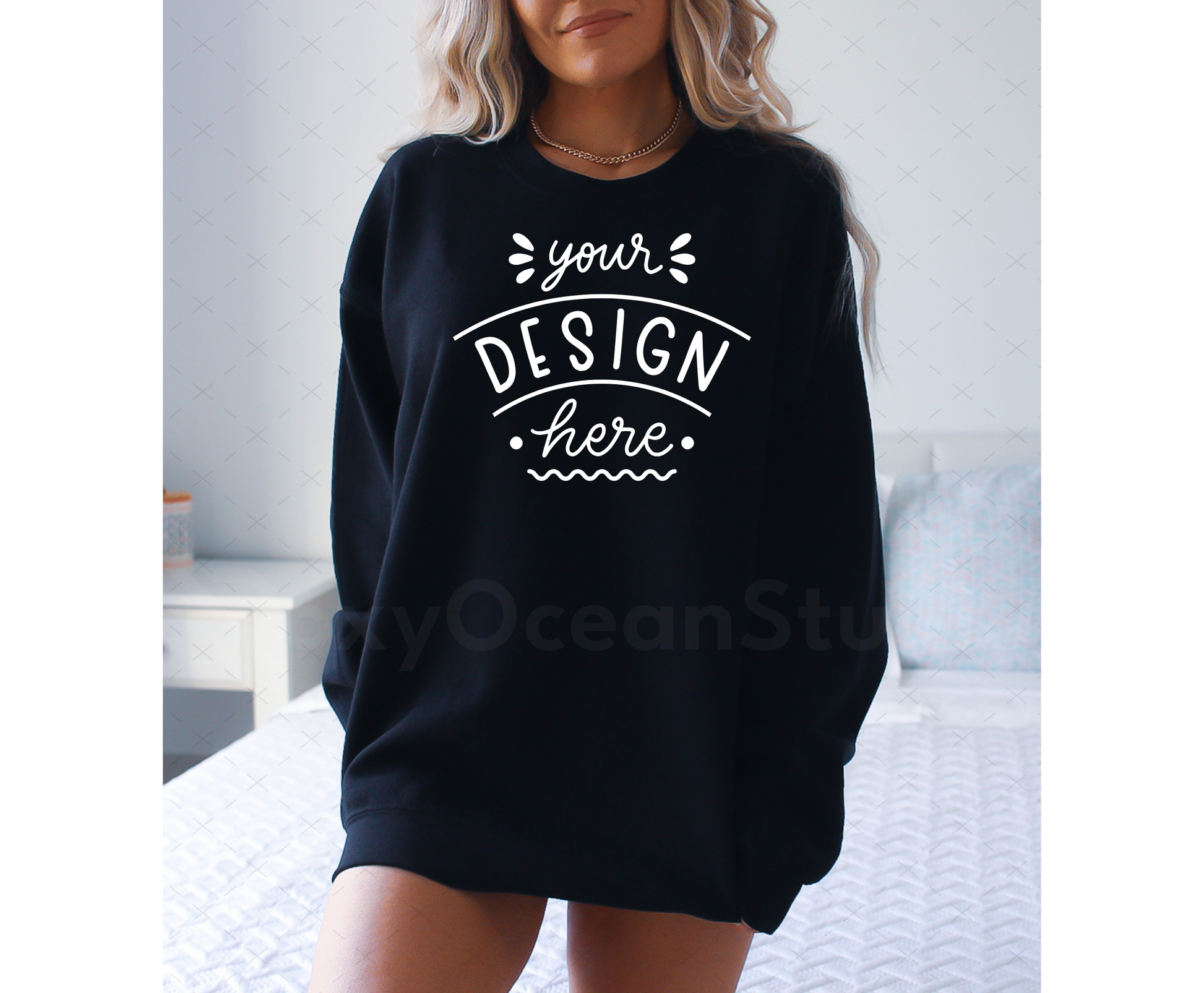 Gildan 18000 Mockup – Black Crewneck Sweatshirt Mockup on Model | Style 8