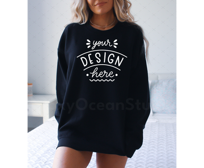 Gildan 18000 Mockup – Black Crewneck Sweatshirt Mockup on Model | Style 8