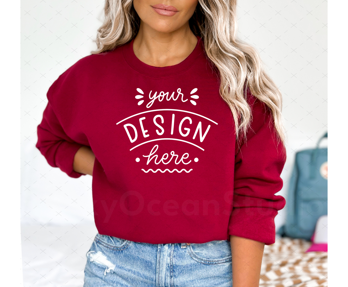 Gildan 18000 Mockup – Garnet Crewneck Sweatshirt Mockup on Model | Style 3