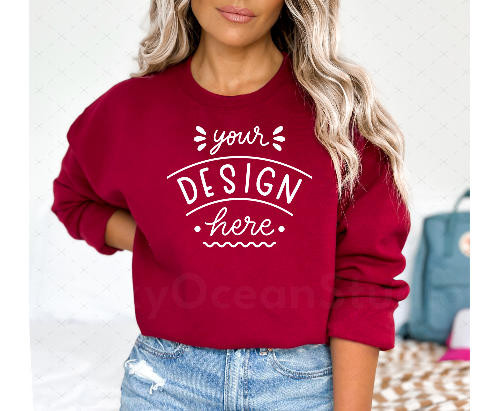 Gildan 18000 Mockup – Garnet Crewneck Sweatshirt Mockup on Model | Style 3