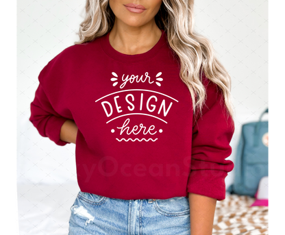 Gildan 18000 Mockup – Garnet Crewneck Sweatshirt Mockup on Model | Style 3