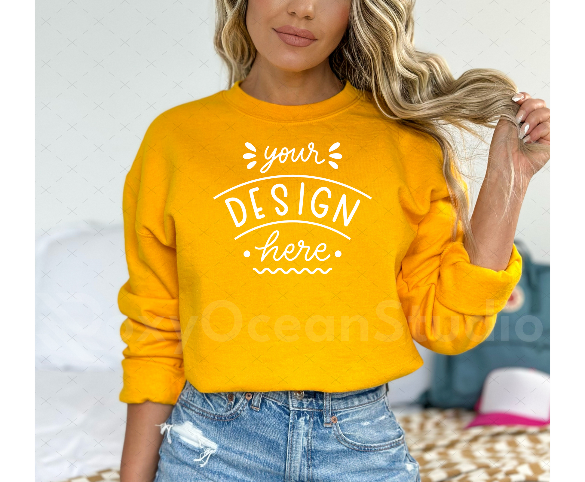 Gildan 18000 Mockup – Gold Crewneck Sweatshirt Mockup on Model | Style 2