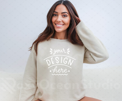 Gildan 18000 Mockup – Sand Crewneck Sweatshirt Mockup on Model | Style 11