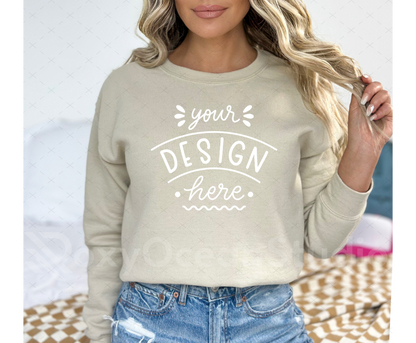 Gildan 18000 Mockup – Sand Crewneck Sweatshirt Mockup on Model | Style 1