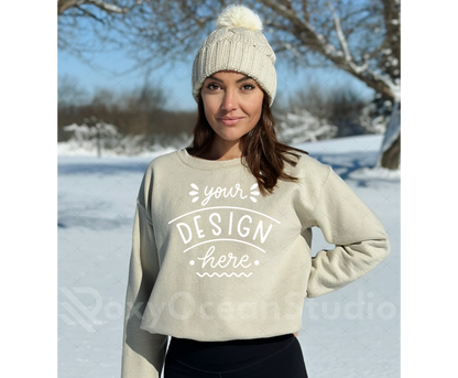 Gildan 18000 Mockup – Sand Crewneck Sweatshirt Mockup on Model | Style 3