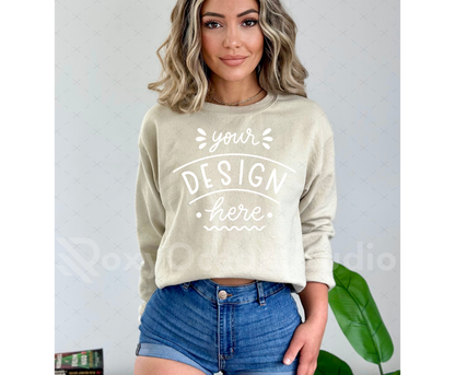 Gildan 18000 Mockup – Sand Crewneck Sweatshirt Mockup on Model | Style 5
