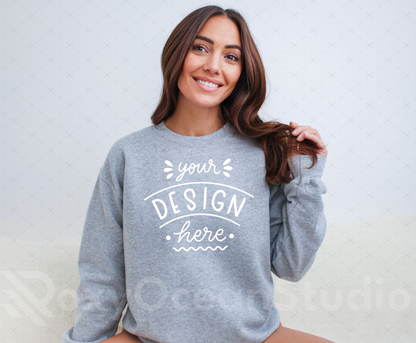 Gildan 18000 Mockup – Sport Grey Crewneck Sweatshirt Mockup on Model | Style 10