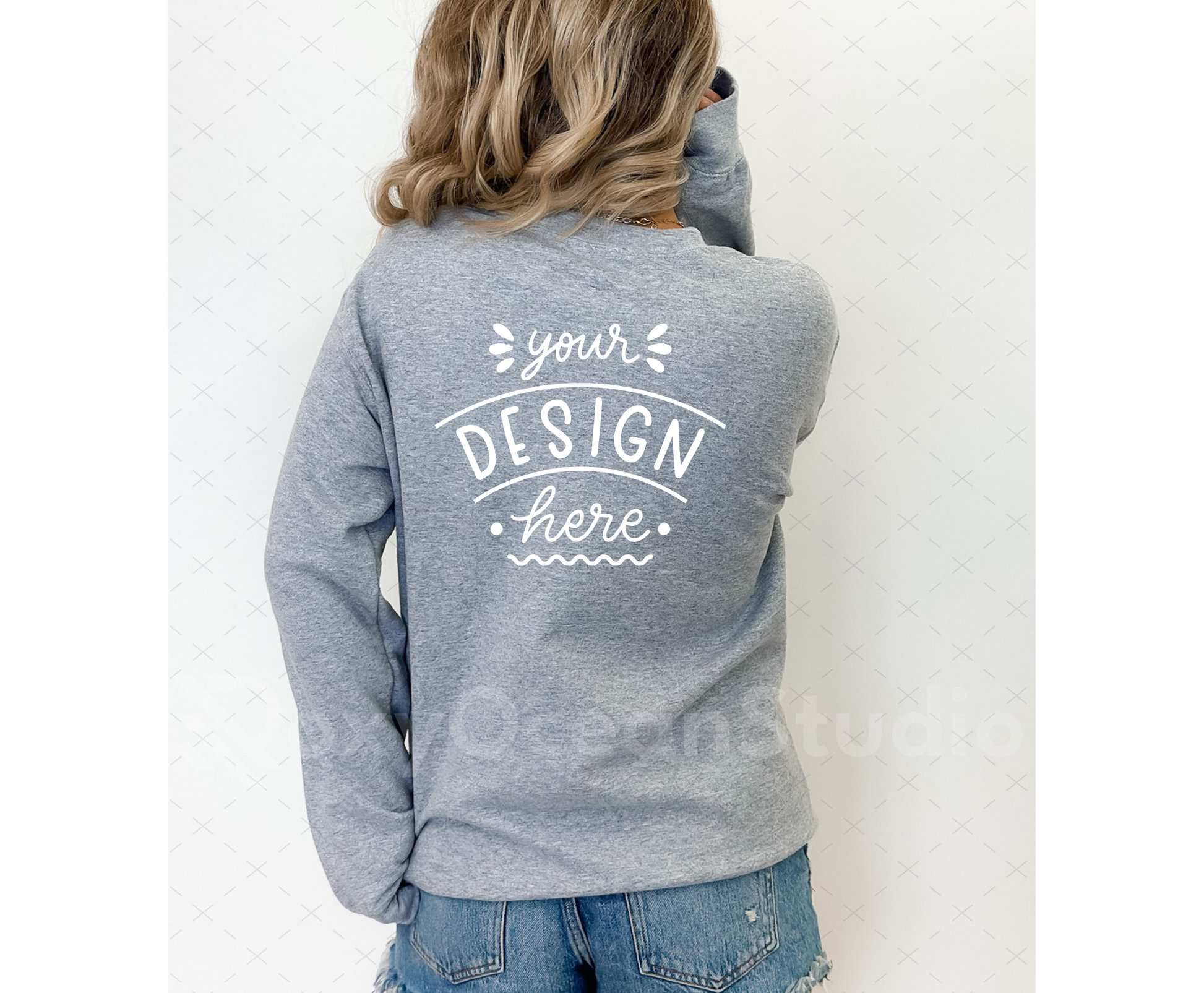 Gildan 18000 Mockup – Sport Grey Crewneck Sweatshirt Mockup Back on Model | Style 2