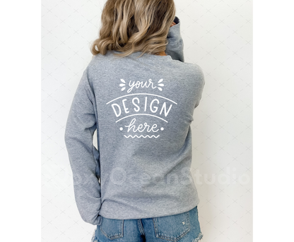 Gildan 18000 Mockup – Sport Grey Crewneck Sweatshirt Mockup Back on Model | Style 2