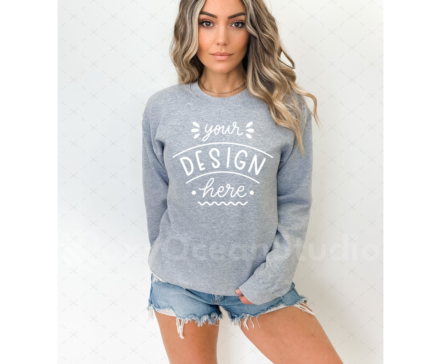 Gildan 18000 Mockup – Sport Grey Crewneck Sweatshirt Mockup on Model | Style 5