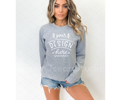 Gildan 18000 Mockup – Sport Grey Crewneck Sweatshirt Mockup on Model | Style 5