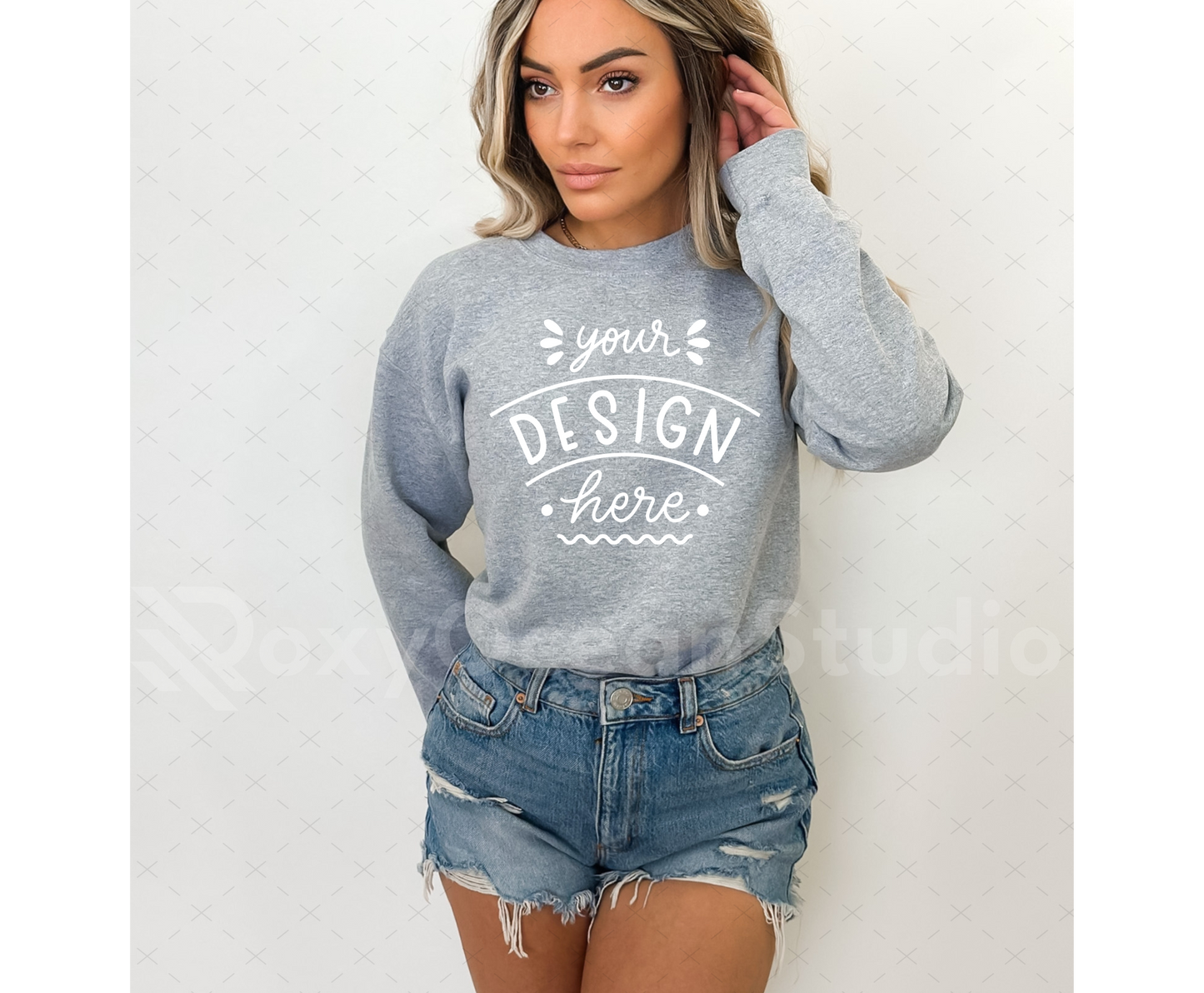 Gildan 18000 Mockup – Sport Grey Crewneck Sweatshirt Mockup on Model | Style 7