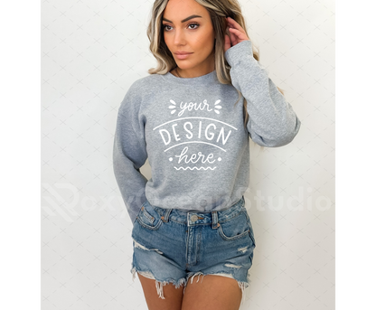 Gildan 18000 Mockup – Sport Grey Crewneck Sweatshirt Mockup on Model | Style 7