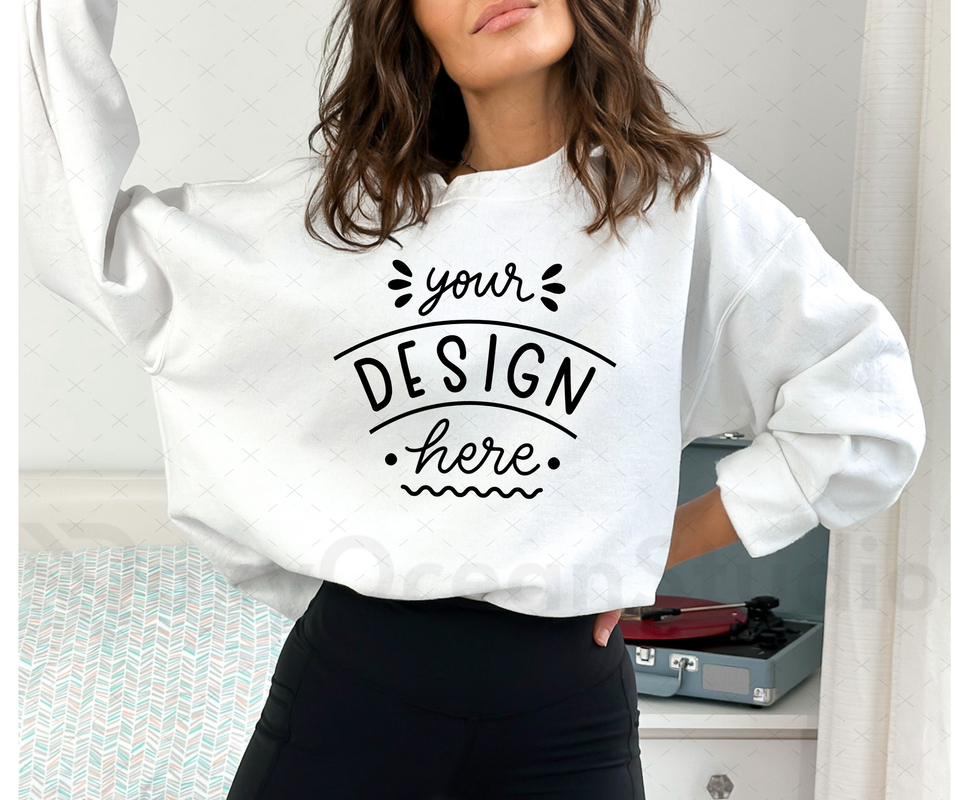 Gildan 18000 Mockup – White Crewneck Sweatshirt Mockup on Model | Style 11