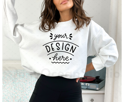 Gildan 18000 Mockup – White Crewneck Sweatshirt Mockup on Model | Style 11