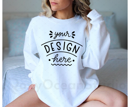 Gildan 18000 Mockup – White Crewneck Sweatshirt Mockup on Model | Style 14