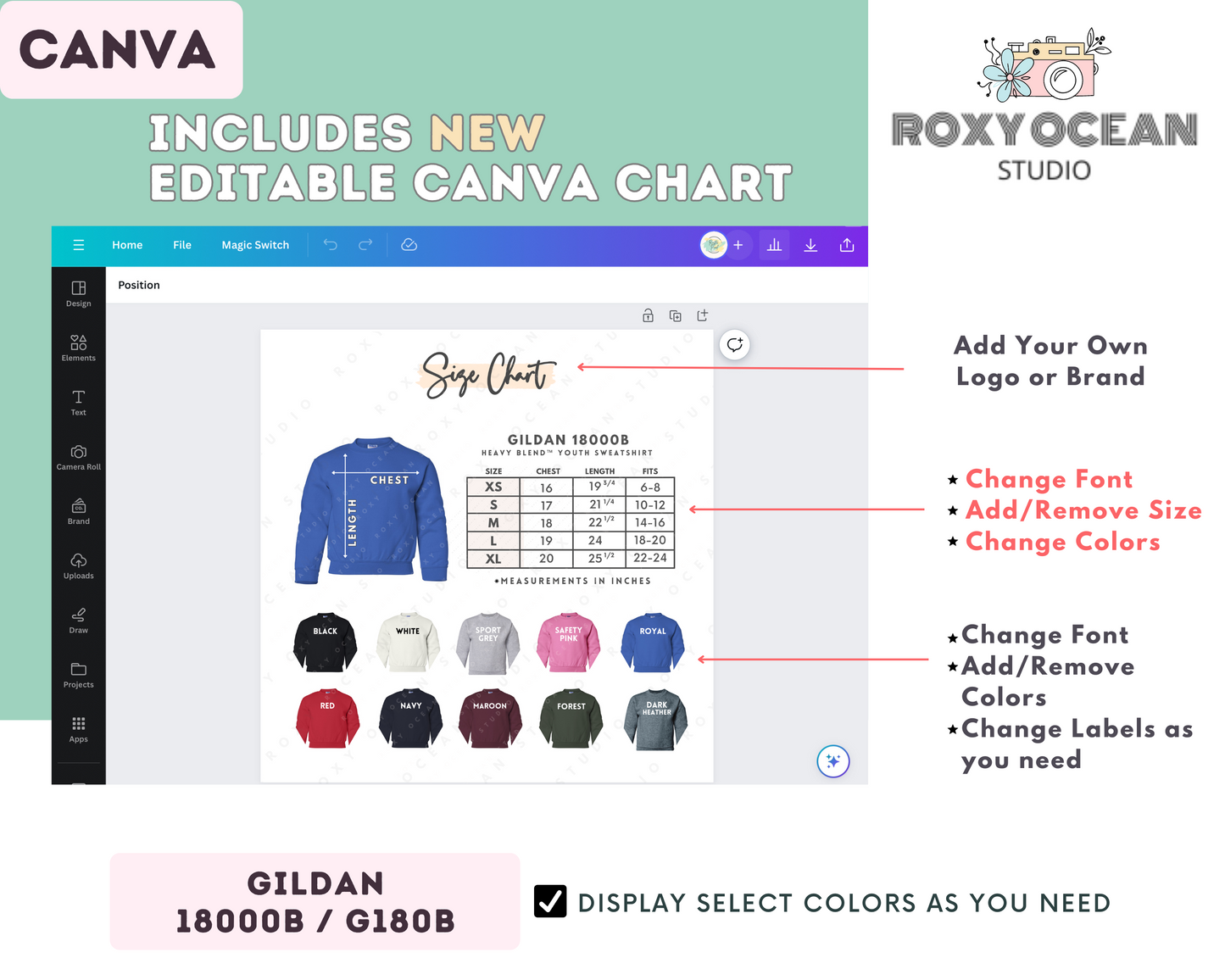 Gildan 18000B Youth Size Chart + Color Chart (Editable)