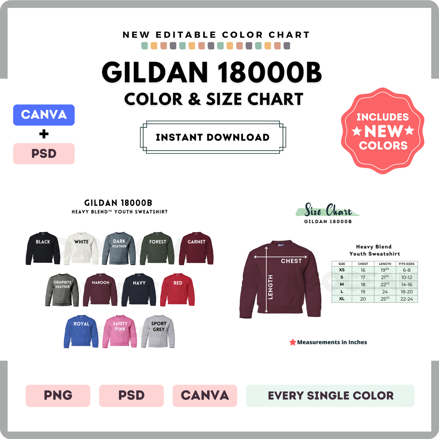 Gildan 18000B Color and Size Chart