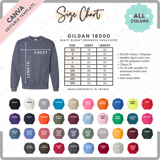 Gildan 18000 Sweatshirt Size Chart + Color Chart (Editable)