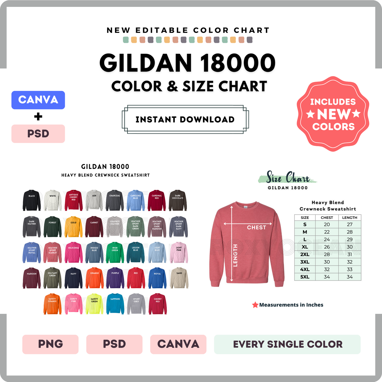 Gildan 18000 Color and Size Chart