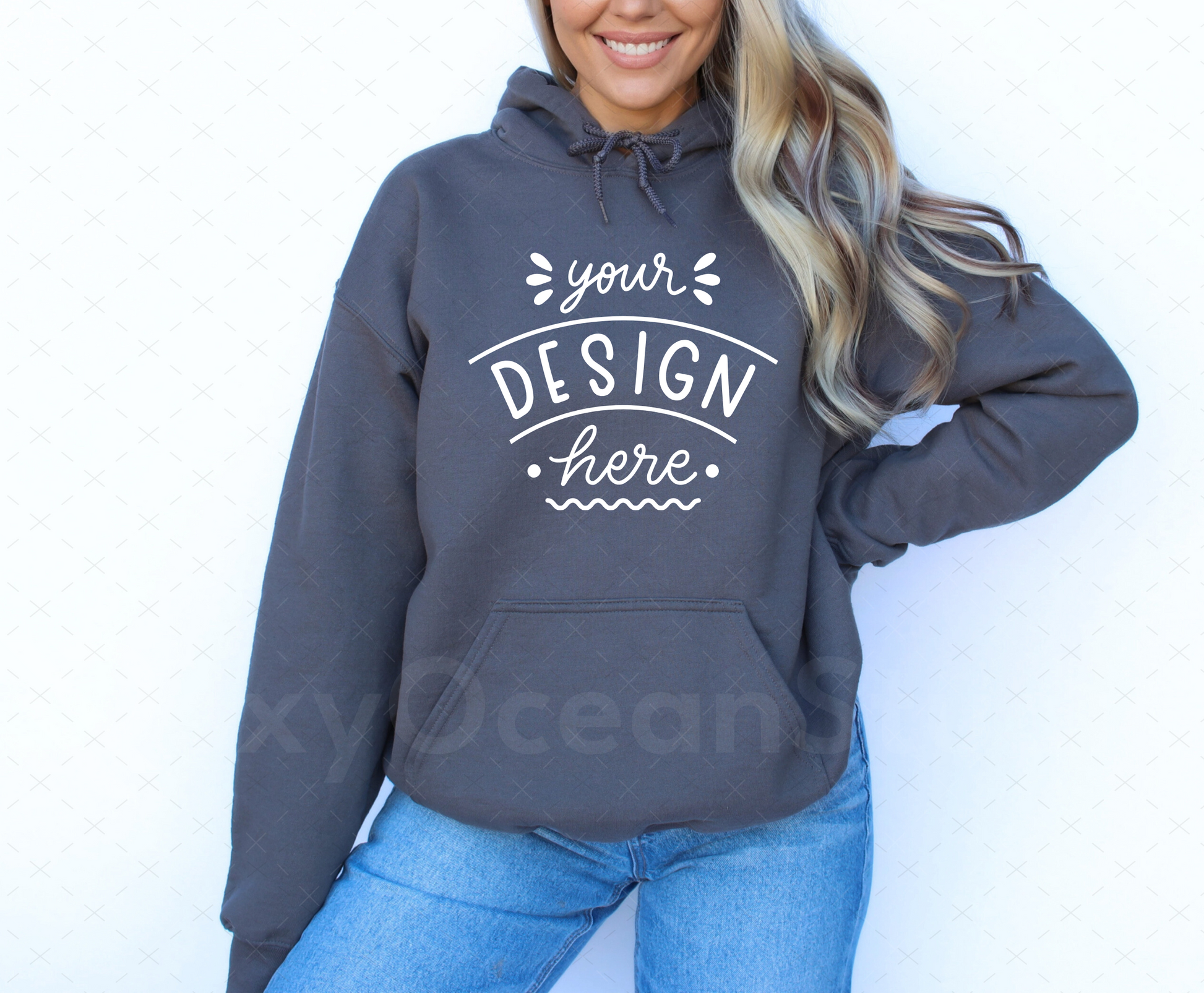 Gildan 18500 Mockup – Charcoal Hooded Sweatshirt Mockup on Model | Style 4